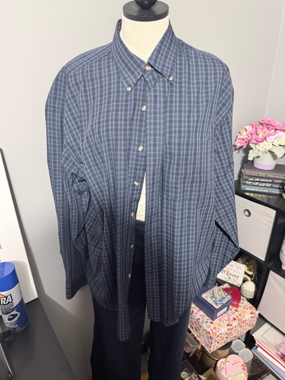 Arrow Men's Wrinkle-Free Navy and Light Blue Plaid Button-Up Shirt